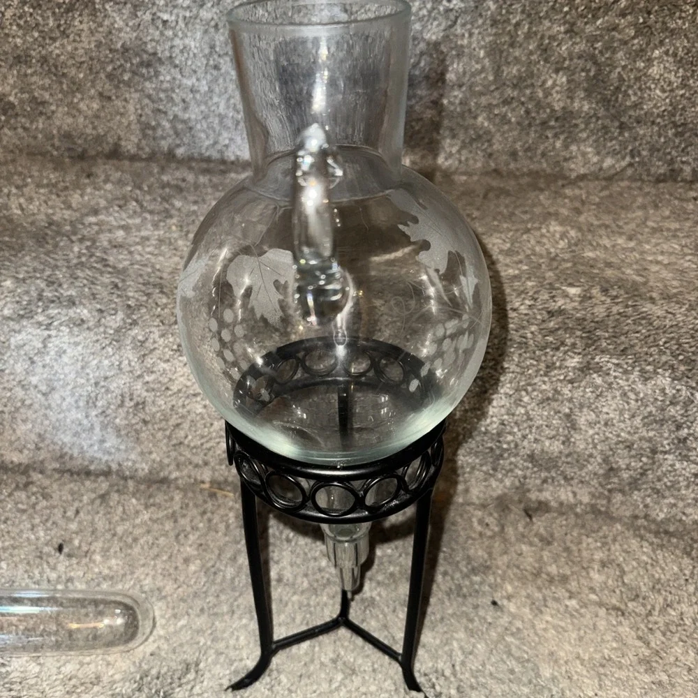 Vintage Wrought Iron Etched Glass Wine Aerator Dispenser Grape Leaves Grapes